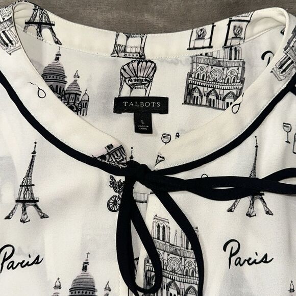 Talbots L Ivory Black Paris Eiffel Tower Print Long Sleeve Button Yoke Blouse - Picture 11 of 13